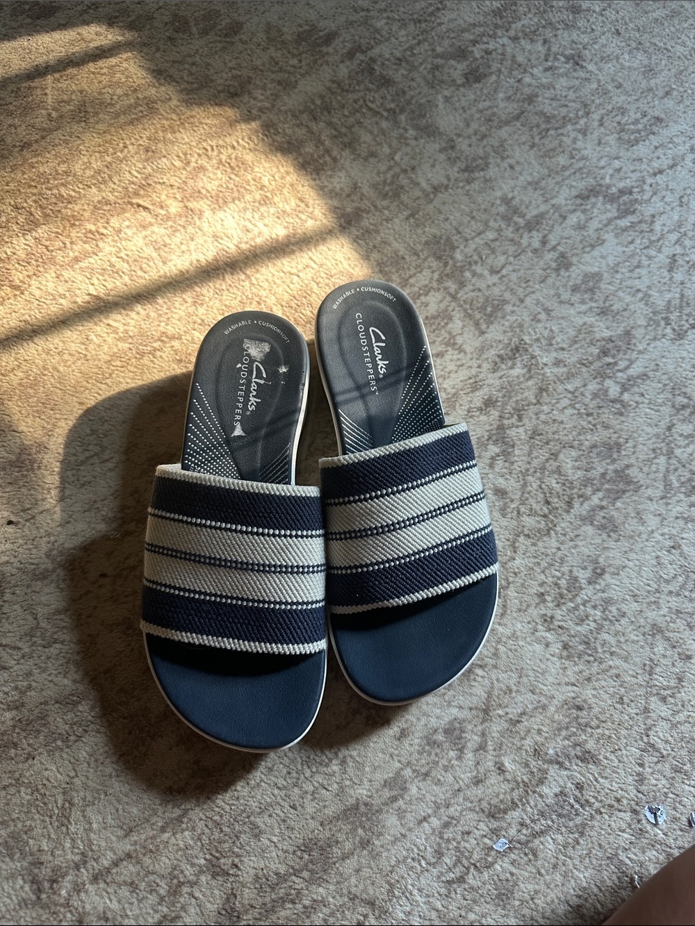Clarks Cloudsteppers Arla Hollis Navy Combi Striped Slide Sandals Women’s 6 M